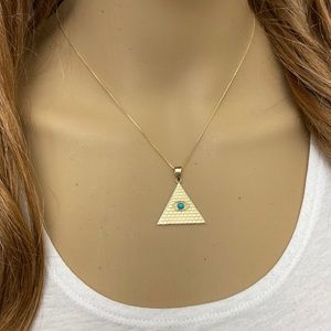 10K Solid Gold Pyramid Turquoise Evil Eye Pendant Necklace